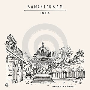 Kanchipuram, Tamil Nadu, India. Ekambeshwarar Ekambaranatha Temple.  Travel sketch drawing. Vintage hand drawn touristic