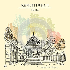 Kanchipuram, Tamil Nadu, India. Ekambeshwarar Ekambaranatha Temple.  Travel sketch drawing. Vintage hand drawn touristic