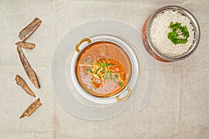 Kandahari karahi ghost with white rice served in a dish isolated on table top view of indian spices food