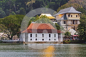 Kandy Lake and Famous City Landmark Sri Dalada Maligawa, Sacred Tooth Relic The Temple in Sri Lanka.
