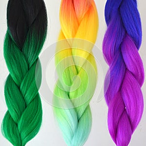 Kanekalon. Colored artificial strands of hair. Material for plaiting braids.