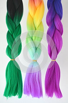 Kanekalon. Colored artificial strands of hair. Material for plaiting braids.