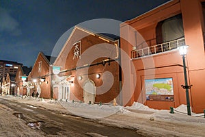 Kanemori Red Brick Warehouse with Snow in winter. landmark and popular for attractions in Hokkaido, Japan.Hakodate, Hokkaido,