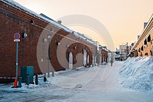 Kanemori Red Brick Warehouse with Snow in winter. landmark and popular for attractions in Hokkaido, Japan.Hakodate, Hokkaido,