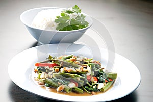 Kang kong. Stir Fried Water Spinach and rice