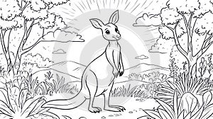 Cute Kangaroo Coloring Page, Australian Outback Landscape, Vector Line Art