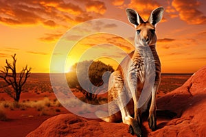 Kangaroo in the desert at sunset, 3d render illustration, Kangaroo at sunset in Kalahari desert, South Africa, An Australian