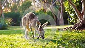 A kangaroo grazing on grass in the shade of a eucalyptus tree photo