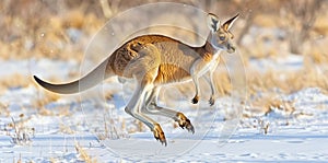 Kangaroo hops swiftly across outback landscape