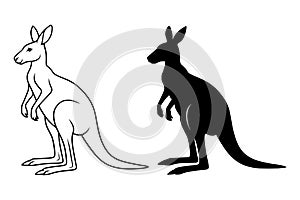 Kangaroo Illustration, Black and White, Outline and Silhouette Versions