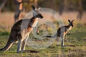 kangaroo and joey bounding, sun dipping low photo