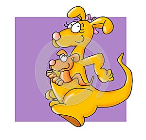 kangaroo jumping with baby in her arms Color illustration humorist button or icon for website photo