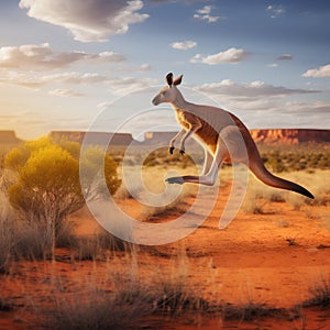 Kangaroo jumping in the desert. Australian kangaroo.