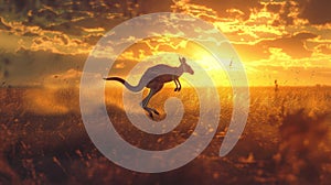 A kangaroo jumping through the grass at sunset