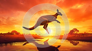 Kangaroo jumping at sunset. Generative AI