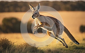Kangaroo mid-air as it jumps across the blurred grasslands in a sense of motion and speed generative AI