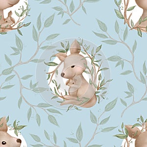 Seamless childish pattern Kangaroo mom and baby  on a eucalyptus tree branches with leaves. Seamless Patterns. Cute Cartoon Charac