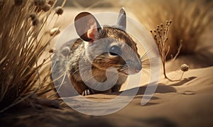 Kangaroo mouse in sandy desert landscape featuring dunes & sparse vegetation highlighting kangaroo mouses natural habitat