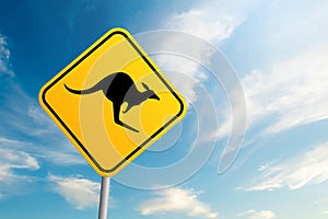 Kangaroo road sign with blue sky and cloud background