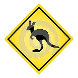 Kangaroo sign isolated on white background. Danger yellow rhombus road sign with kangaroo silhouette.