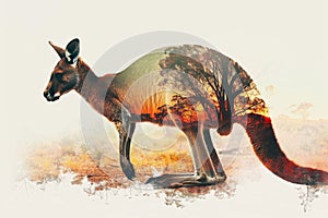 A kangaroo silhouette merged with the outback landscape of Australia in a double exposure