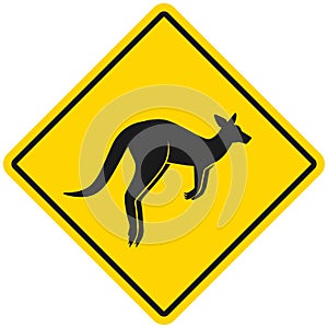 Kangaroo Silhouette. Wild animals yellow rhombus road warning sign