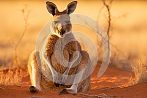 A kangaroo sits upright on its hind legs in the arid desert, A kangaroo with a joey inside her pouch in the Australian Outback, AI