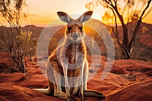 Kangaroo sitting on a rock in the Australian desert at sunset, Kangaroo at sunset in Kalahari desert, South Africa, An Australian