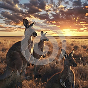 Kangaroo standing in the savanna with setting sun shining.