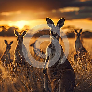 Kangaroo standing in the savanna with setting sun shining.