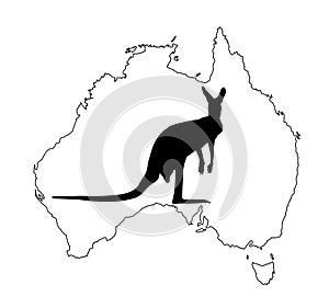 Kangaroo vector silhouette on Australian map vector silhouette contour illustration isolated on white background. Continent symbol