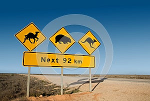 Kangaroo, wombat and camel warning sign Australia