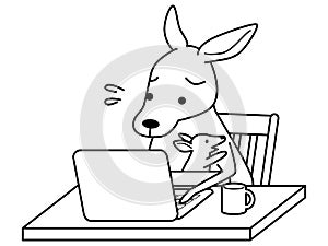 Kangaroos raising children working from home. Black and white line drawing