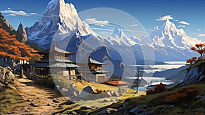 Kangchenjunga Mountain With Asian Houses: A Digital Painting