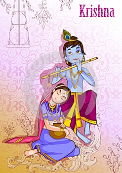 Kanha playing bansuri flute with Radha on Krishna Janmashtami background