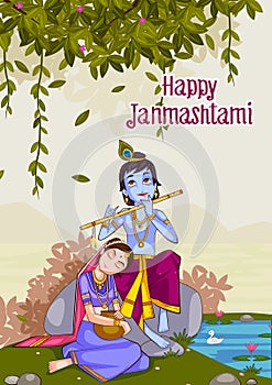 Kanha playing bansuri flute with Radha on Krishna Janmashtami background