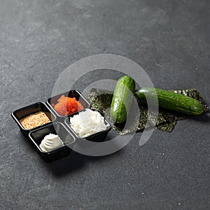 Kani Hot Sushi Roll ingridients. Nori, cucumber, rice and ginger