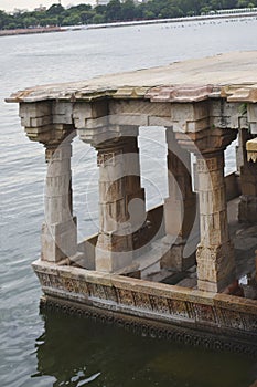 Kankaria Lake, architectural Heritage Ghat with intricate stone carvings, vertical shot, built in the 15th century 1451 by Emperor