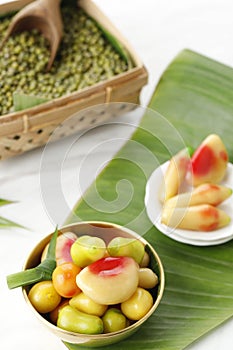 Kanom Look Choup or Kue Ku Buah Fruit Shaped Mung Beans Made from Mung Beans and Sugar
