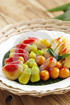 Kanom Look Choup Thai or Kue Ku Buah Indonesia, Fruit Shaped Mung Beans Made from Mung Beans and Sugar