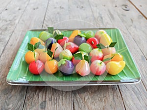 Kanom Look Choup : Thai traditional dessert deletable imitation fruits made from green been, coconut milk, sugar and jelly in