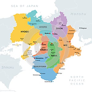 Kansai region, or Kinki region in Japan, colored political map