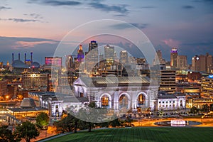 Kansas City, Missouri, USA downtown skyline with Union Station