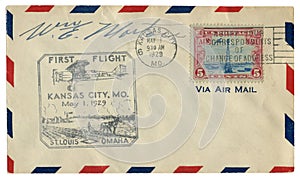 Kansas City, Missouri, The USA  - 1 MAY 1929: US historical envelope: cover with cachet first flight St. Louis, Omaha, airplane fl