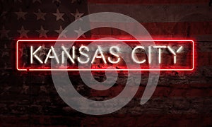 Kansas City Neon Sign On Brick American Flag