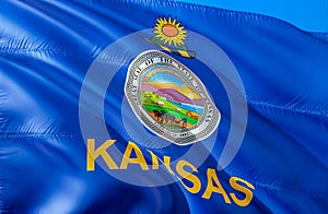 Kansas flag. 3D Waving USA state flag design. The national US symbol of Kansas state, 3D rendering. National colors and National