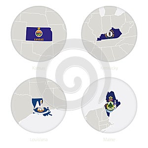 Kansas, Kentucky, Louisiana, Maine US states map contour and national flag in a circle