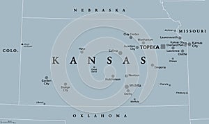 Kansas, KS, gray political map, US state, The Sunflower State