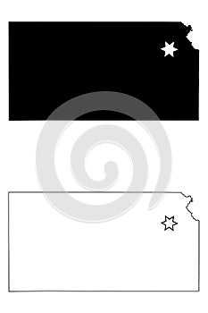 Kansas KS state Maps with Capital City Star at Topeka. Black silhouette and outline isolated on a white background. EPS Vector
