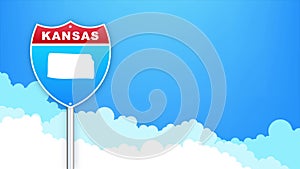 Kansas map on road sign. Welcome to State of Louisiana. Motion graphics.